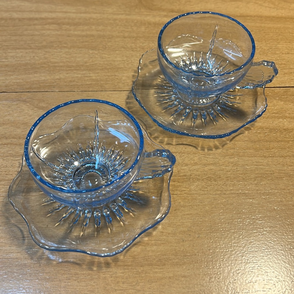 Vintage New Martinsville Radiance Ice Blue Glass Winged Cup & Saucer Sets Qty 2